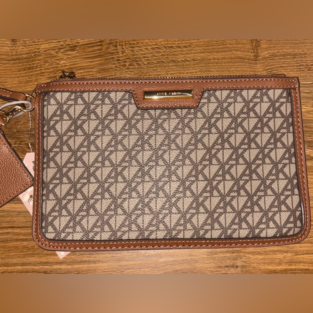 Anne Klein Geometric Brown and Cream Clutch
